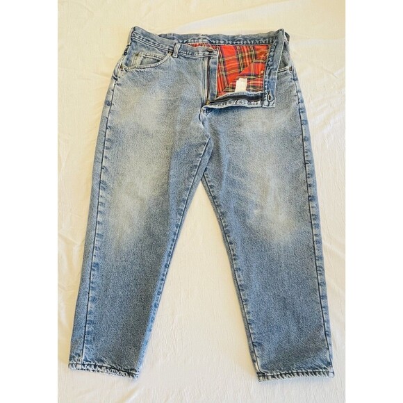 Vintage LL Bean 40x30 Flannel Lined Jeans Blue Denim USA Worn Red Plaid Winter - Picture 2 of 14